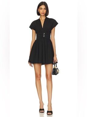 $425 ALEXIS Luka Mini Dress Black Buckle-Waist V-Neck Dress Medium
